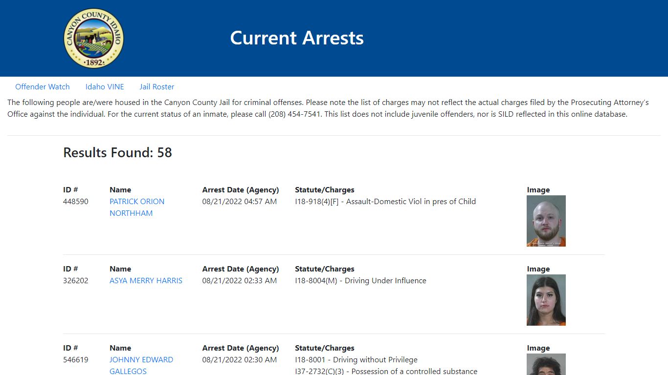 Current Arrests - Canyon County, Idaho